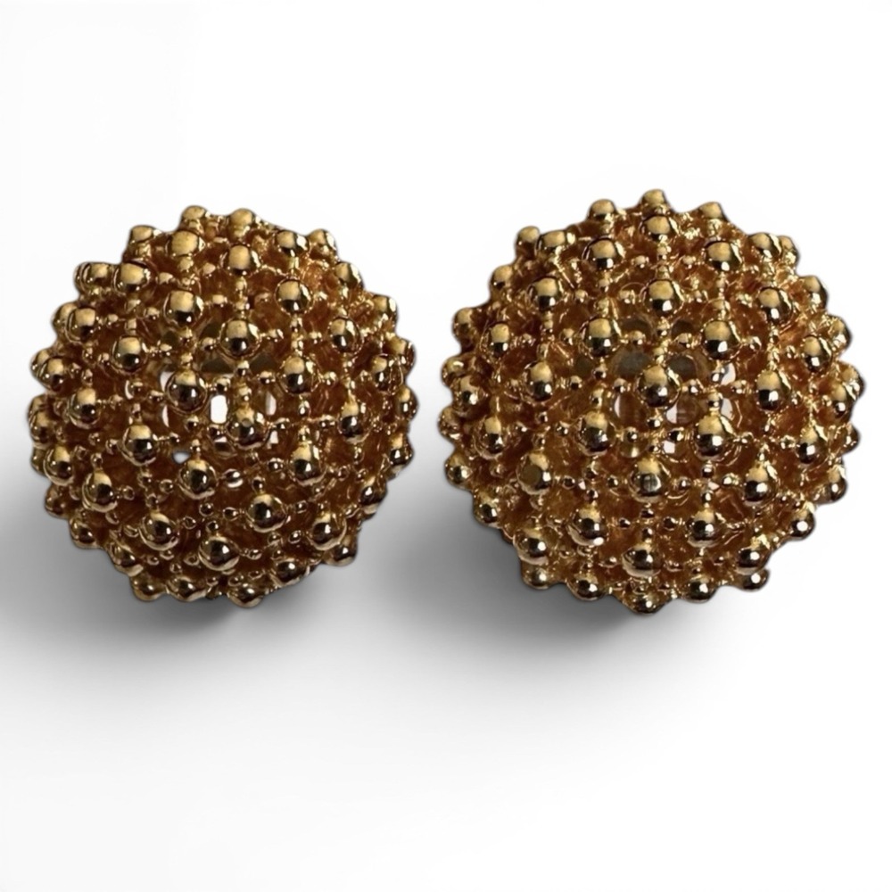 CINER Gold Dome Clip Earrings Beaded Etruscan Style Vintage